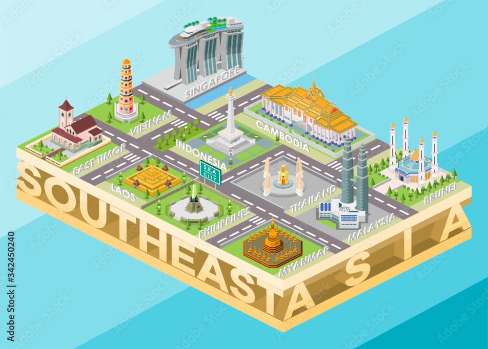 Isometric Vector Illustration Representing Landmark Buildings of Southeast Asia Countries as SEA City