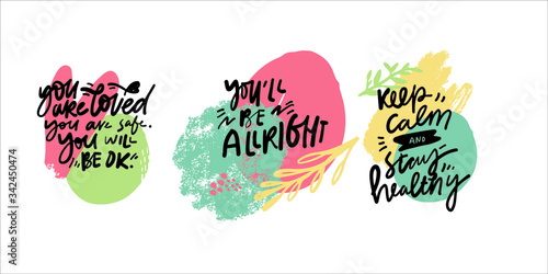 Stay safe posters. Hand lettering illustration for your design. Modern background