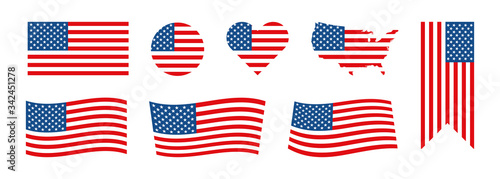 Flag USA set isolated icon. America holidays.  4 july banner  in flat style. Veteran day and Memorial day vector illustration
