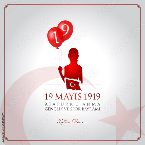 19 mayis Ataturk’u anma, genclik ve spor bayrami vector illustration. (19 May, Commemoration of Ataturk, Youth and Sports Day Turkey celebration card.)