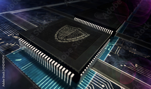 Processor factory with laser burning of cyber shield symbols illustration