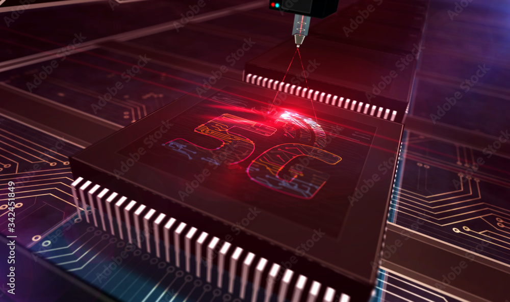 Processor factory with laser burning of 5G network symbols illustration Processor factory with laser burning of 5G network symbols illustration