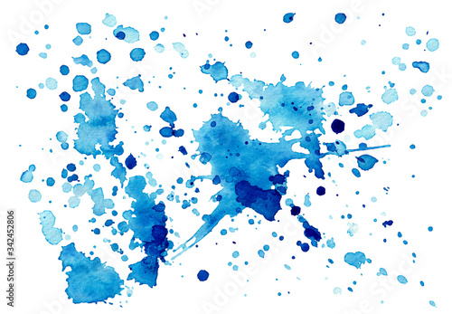 Watercolor abstract blue stain with splashes. Bright texture colorful element for abstract background.