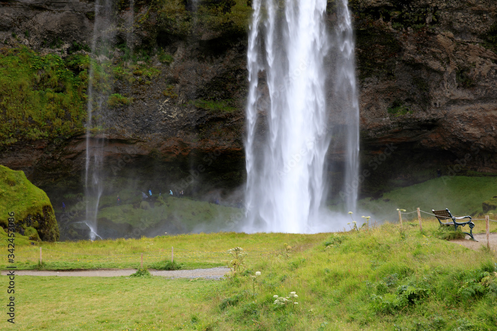 Seljalandsfoss / Iceland - August 15, 2017: Seljalandsfoss one of the most famous Icelandic waterfall, Iceland, Europe