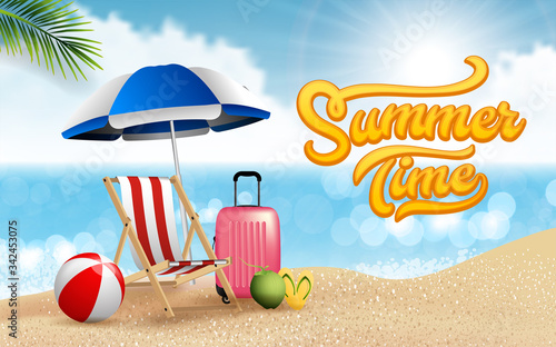 Vector realistic travel and summer beach vacation relax poster design. Island is surrounded, Sea, Beach, Umbrella, Coconut, clouds, ball, luggage, Beach chair
