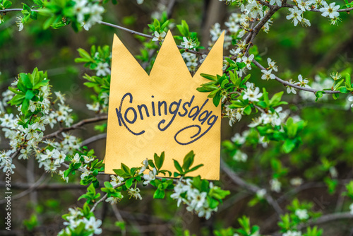 Koningsdag or King's Day is a national holiday in the Kingdom of the Netherlands. Paper cut crown with an inscription koningsdag against the background of apricot branch