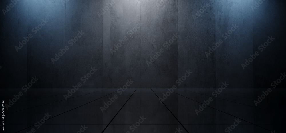 Empty Plane Grunge Concrete Wall Spotlights Stage Podium Reflective Tiled Floor Glossy Showroom Blue White Colors Elegant Ambient Background 3D Rendering - obrazy, fototapety, plakaty 
