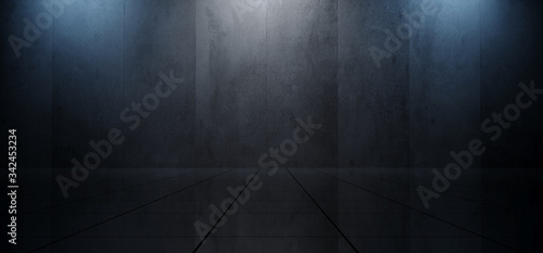 Empty Plane Grunge Concrete Wall Spotlights Stage Podium Reflective Tiled Floor Glossy Showroom Blue White Colors Elegant Ambient Background 3D Rendering