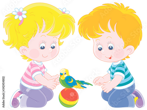 Cheerful little children playing with a funny small parrot with a colorful plumage and a long tail, vector cartoon illustration on a white background