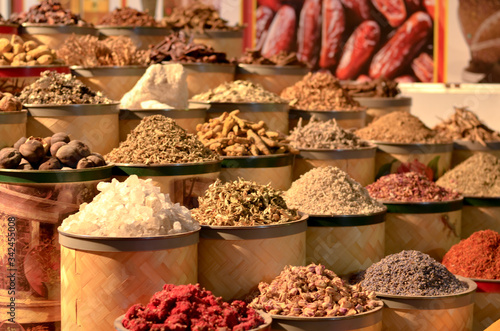 Photography Rows & heaps of aromatic spices & herbs on display at the famous Spice Souk market in Baniyas Street, in locality of Al Ras, Deira, Dubai adjacent to the Gold Souk