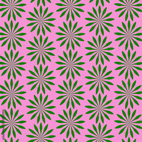 On a pink background geometric green pattern. Green leaves. Sockets.