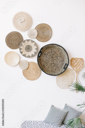Exotic interior. Boho style. Interior design elements. Flat lay, top view