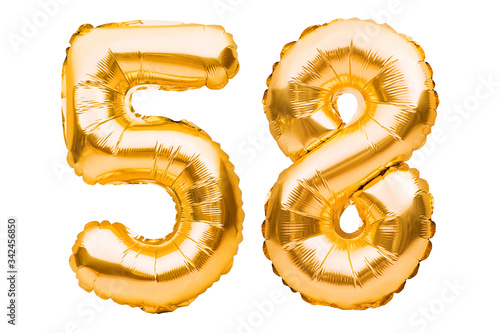 Number 58 fifty eight made of golden inflatable balloons isolated on white. Helium balloons, gold foil numbers. Party decoration, anniversary sign for holidays, celebration, birthday, carnival