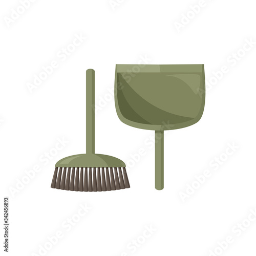 Green broom and dustpan isolated on white background. Simple vector set.