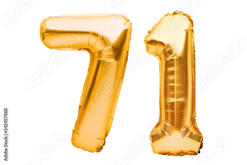 Number 71 seventy one made of golden inflatable balloons isolated on white. Helium balloons, gold foil numbers. Party decoration, anniversary sign for holidays, celebration, birthday, carnival