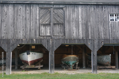 Bath, Maine, USA: Examples of small fishing boats on display in the James Richard Jewett Building at the Maine Maritime Museum. photo