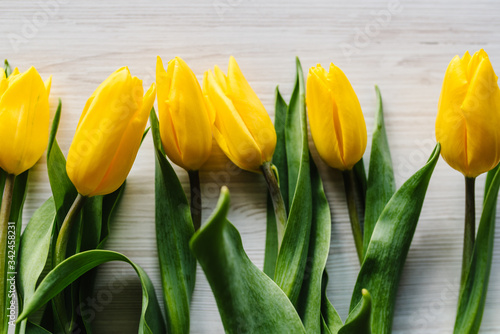 Yellow tulips on white rustic wooden background with space for message. Concept Hello Spring flowers. Holiday greeting card for Valentine s  Women s  Mother s Day  Easter  Top view  flat lay.
