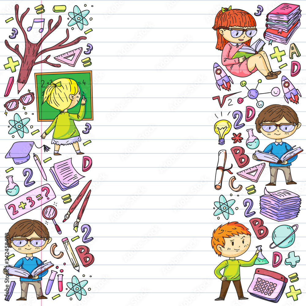 Online learning, education. Back to school. Vector icons and elements for little children, college. Doodle style, kids drawing Online learning, education. Back to school. Vector icons and elements for little children, college. Doodle style, kids drawing