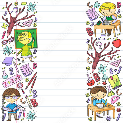 Online learning, education. Back to school. Vector icons and elements for little children, college. Doodle style, kids drawing