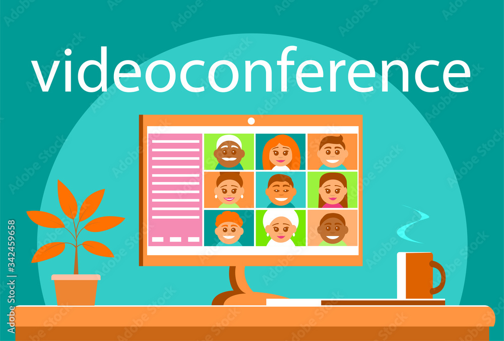 Computer with video conferencing. On the screen are smiling faces of different people. On the table is also a cup of hot coffee and a potted plant. Vector illustration. Computer with video conferencing. On the screen are smiling faces of different people. On the table is also a cup of hot coffee and a potted plant. Vector illustration.