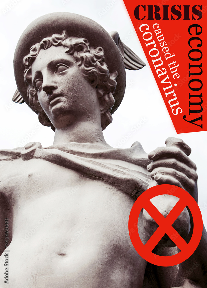 abstract view of god Hermes (Mercury), patron of business and commerce, with crossing a coins bag as a symbol of the global economic downturn and the crisis over the coronavirus pandemic