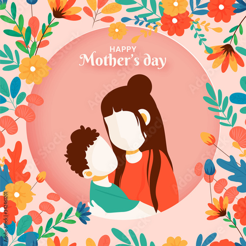 Illustration of beautiful floral background with woman hug her little son. Happy Mother s day.