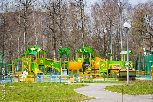 the playground is covered with a signal tape epidemic coronovirus COVID19. all small children are quarantined at home