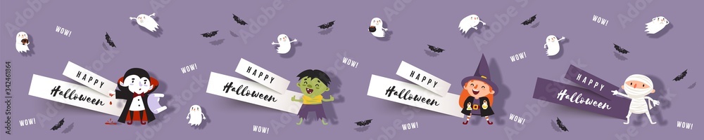 Hello Halloween, set paper cut banners with cute witch, vampire, ghost, zombie, mummy, bats. Isolated vector clipart with Halloween characters for festive design Hello Halloween, set paper cut banners with cute witch, vampire, ghost, zombie, mummy, bats. Isolated vector clipart with Halloween characters for festive design