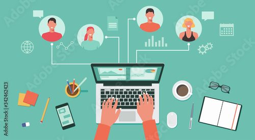 people connecting and working online together on laptop computer, remote working, work from home, work from anywhere and new normal concept, vector flat illustration photo