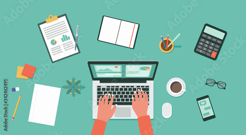 work from home, remote working, connecting online on laptop computer concept, top view, new normal, vector flat illustration