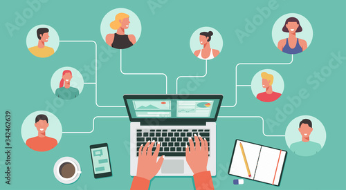 people with different and expert skills connecting and working online together on laptop computer, remote working, work from home, work from anywhere and new normal concept, vector flat illustration