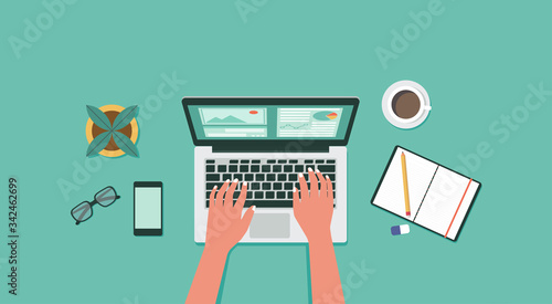 top view of human hand on laptop computer, online learning, work from home, remote working and new normal concept, vector flat illustration
