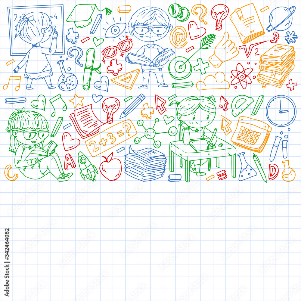 Online learning, education. Back to school. Vector icons and elements for little children, college. Doodle style, kids drawing