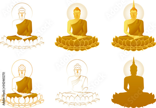 The beautiful set of various Lord of Buddha statue sculpture Enlightenment mediating sitting on lotus flower in color of golden line and stoke on white background for Buddhist holiday retro style