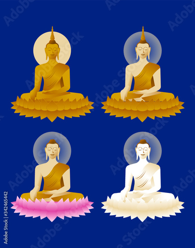 The beautiful set of various Lord of Buddha statue sculpture Enlightenment mediating sitting on lotus flower in color of golden beige and white on dark blue background for Buddhist holiday retro style