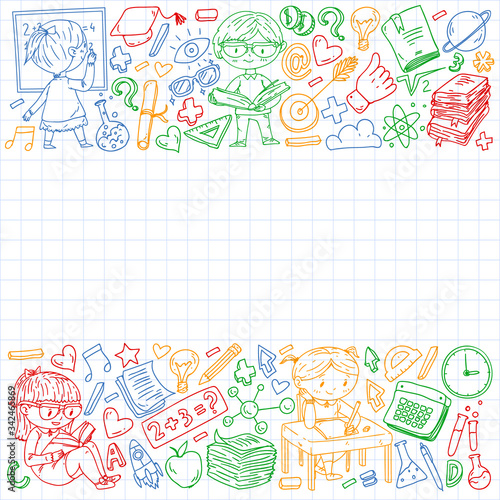 Online learning, education. Back to school. Vector icons and elements for little children, college. Doodle style, kids drawing