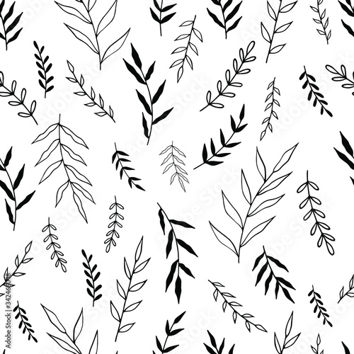 Seamless pattern with hand drawn forest leaves. Traditional leaves in ink, doodle style for wedding decoration and arrangements.