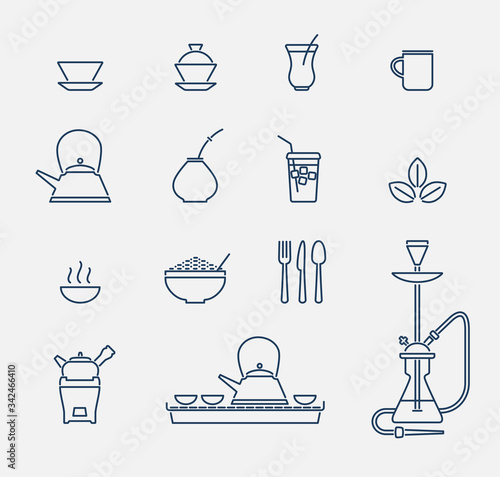 Tea cups and kettles outline icons
