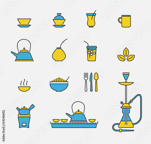 Tea cups and kettles colored outline icons