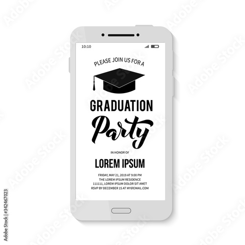 Graduation party invitation for smartphone. Electronic email or text graduation party invite. Graduation celebration announcement vector template.