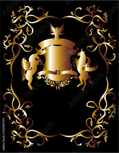 Gold colored horse rider coat of arms graphic design vector art
