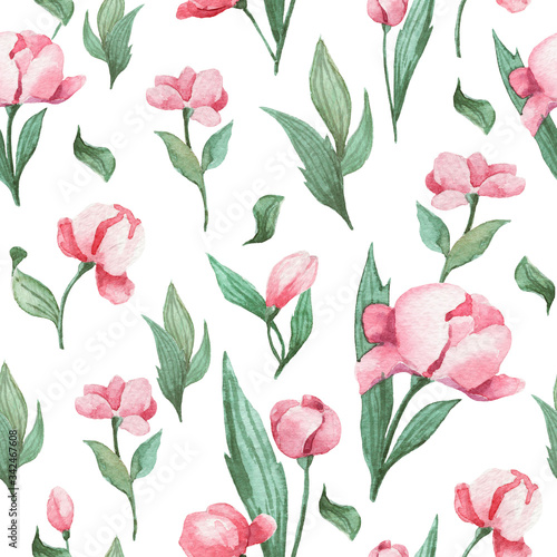 Seamless pattern with watercolor hand drawn florals 