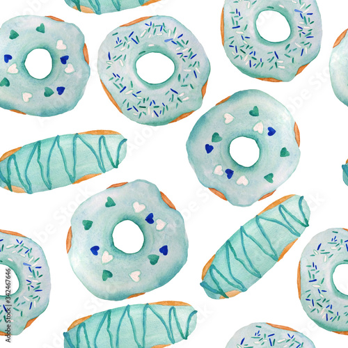 watercolor hand drawn seamless pattern illustration of mint tiffany blue green sweet tasty delicious donuts with sugar glaze and heart love decoration for st valentine day textile bakery dessert food