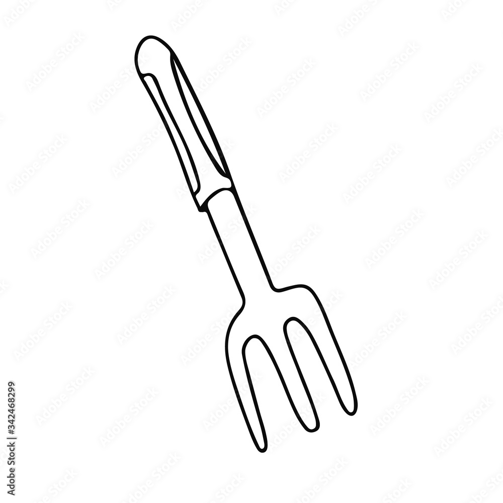Garden fork in doodle style. Hand drawn vector illustration in black ink isolated on white background. Garden fork in doodle style. Hand drawn vector illustration in black ink isolated on white background.