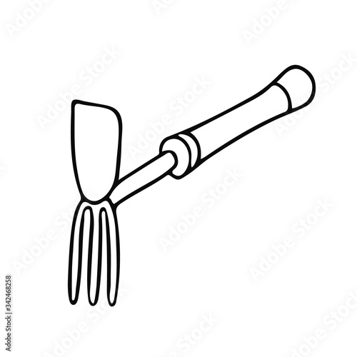 Gardening hoe  in doodle style. Hand drawn vector illustration in black ink isolated on white background.