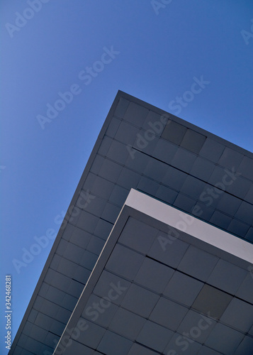 Modernist building roof in blue sky
