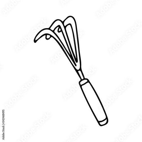 Gardening hoe in doodle style. Hand drawn vector illustration in black ink isolated on white background.
