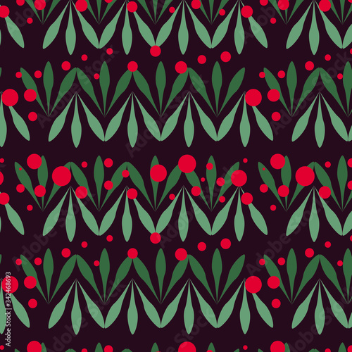 Pattern of green leaves and red circles of berries Burgundy background. Fabric paper pattern. Postcard.