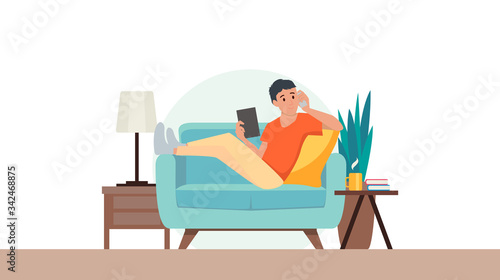 man sitting on sofa and talking telephone from home during corona virus pandemic quarantine in flat icon design