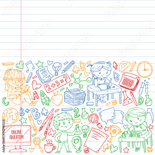 Online learning  education. Back to school. Vector icons and elements for little children  college. Doodle style  kids drawing